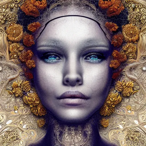 Image similar to face portrait of a beautiful woman, 150 mm, anatomical, flesh, flowers, mandelbrot fractal, veins, arteries, symmetric, intricate, golden ratio, full frame, microscopic, elegant, highly detailed, ornate, ornament, elegant , luxury, beautifully lit, ray trace, octane render in the style of peter Gric , alex grey and Romero Ressendi