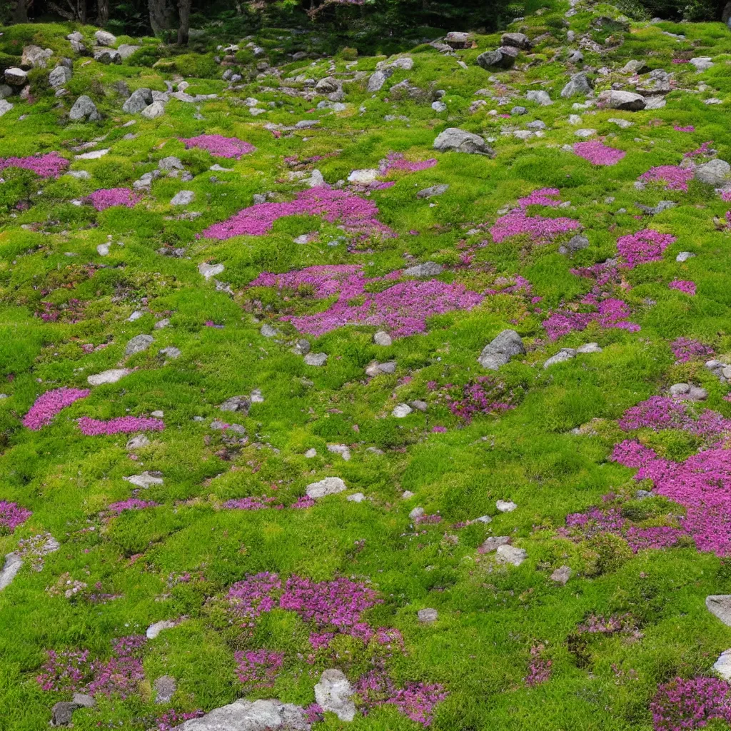 Image similar to Japanese meadow, highly detailed, with flowers and stones