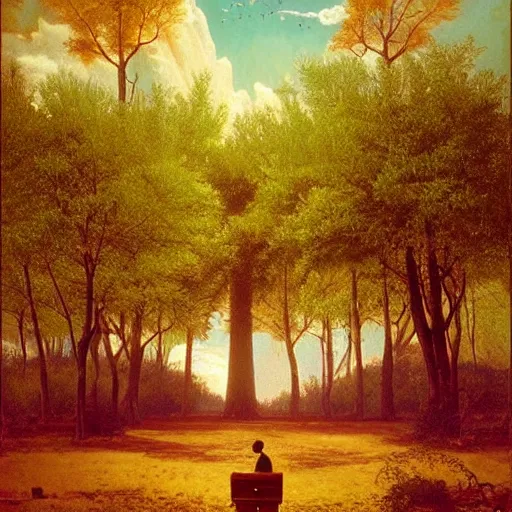 Image similar to synthwave deepfried excited New York cylinder cougar poplar tree chair baggage , by Albert Bierstadt and Beeple and Wojciech Siudmak , tarot card , 8K , masterpiece