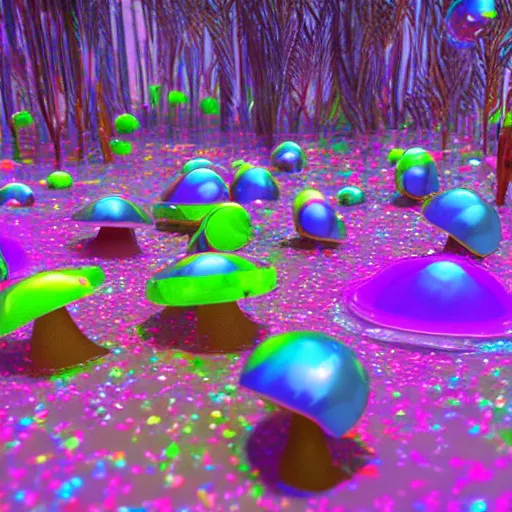 Image similar to jello Mushrooms covering the inside of prismatic jungle, fairy dust in the air, octane render