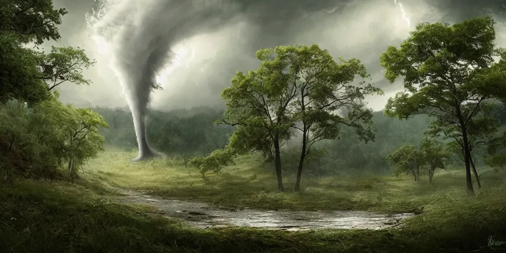 Image similar to A tornado in a beautiful scenic landscape, nature, trees, wide angle, super highly detailed, professional digital painting, artstation, concept art, smooth, sharp focus, no blur, no dof, extreme illustration, Unreal Engine 5, Photorealism, HD quality, 8k resolution, cinema 4d, 3D, beautiful, cinematic, art by artgerm and greg rutkowski and alphonse mucha and loish and WLOP