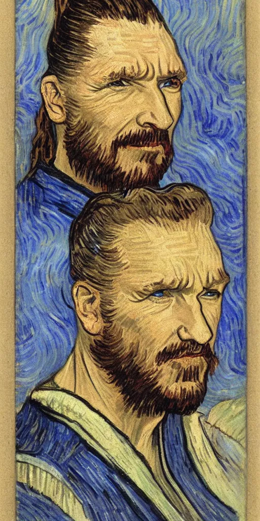 Prompt: A portrait of Qui Gon Jinn by Van Gogh (1884)