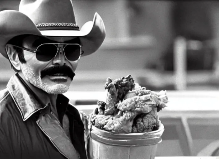 Prompt: film still of burt reynolds wearing a cowboy hat and sunglasses holding a bucket of fried chicken in cannonball run 1 9 8 2