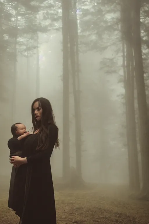 Prompt: a cinematic photo of a young woman with dark hair holds a baby in a dark, foggy forest, masterpiece