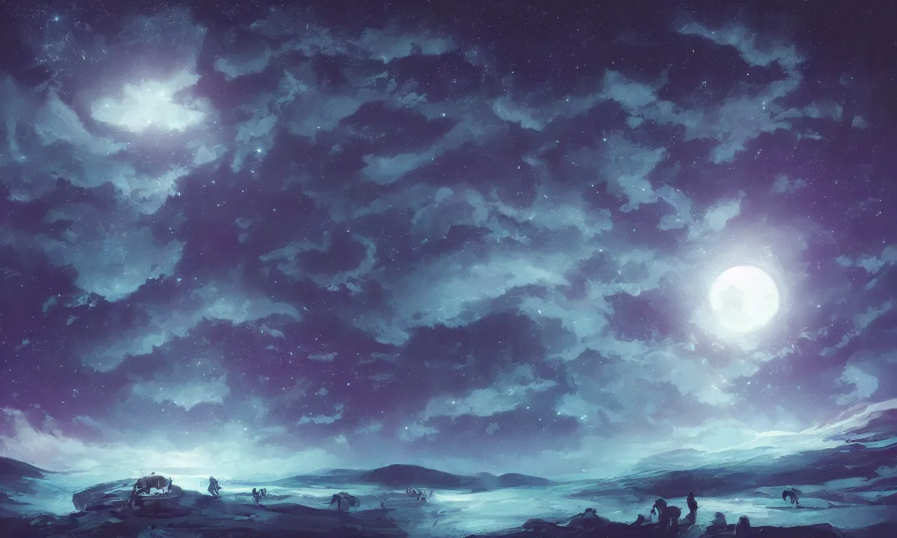 Image similar to a beautiful painting of ice age, starry sky, moon ， cloud, by liam wong and yuumei and yanjun chen, trending on artstation