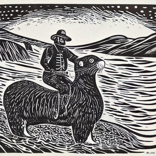 Prompt: a sea otter rancher riding on horseback, linocut print