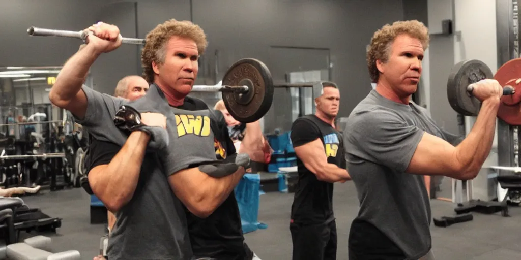 Image similar to Will Ferrell lifting weights in the style of Pixar