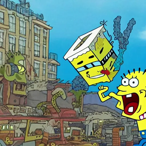 Prompt: Spongebob Godzilla destroying a city