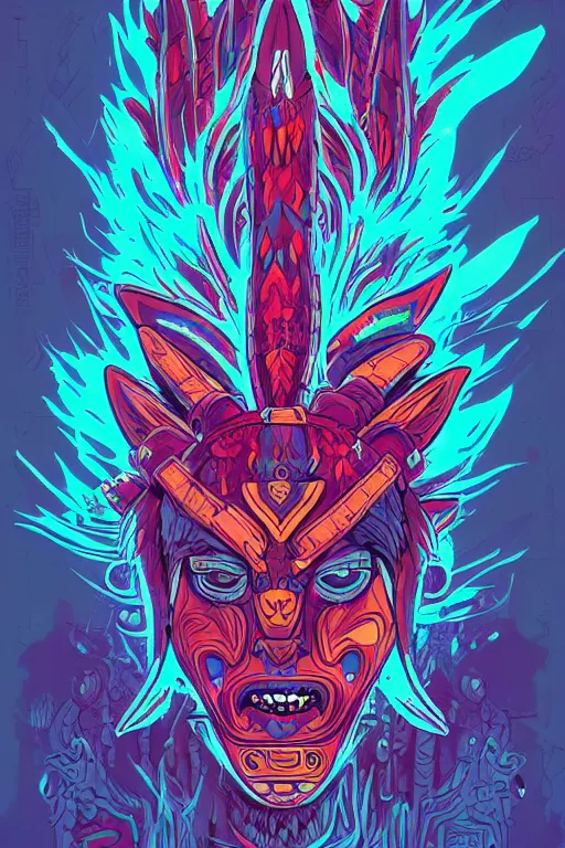 Image similar to totem animal tribal chaman vodoo mask feather gemstone plant wood rock video game illustration vivid color borderlands by josan gonzales and dan mumford radiating a glowing aura