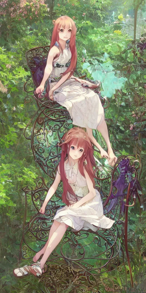 Image similar to a digital art of a loli with long hair in a dress sitting on a metal garden chair in the privet garden at afternoon, green and warm theme, back lighting, by krenz cushart and mucha and akihito yoshida and greg rutkowski and makoto shinkai, extremely long shot, detailed eyes, 4 k resolution, trending on art station