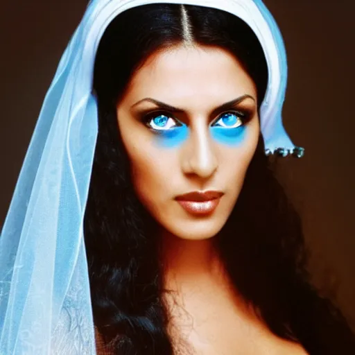 Prompt: Arab young Monica Belluci, tanned skintone, bright blue eyes, white transparent veil, glare face, light blue dress portrait