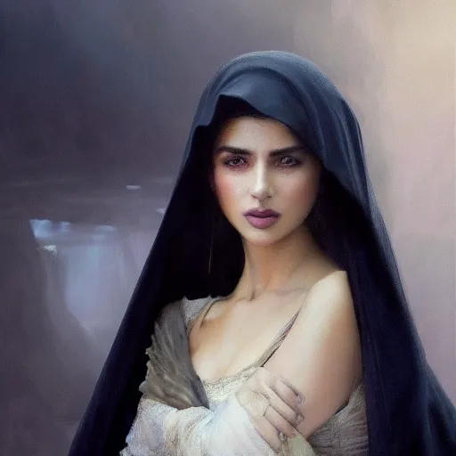 Prompt: a Photorealistic dramatic hyperrealistic render of an arab ameera al taweel, blue eyes, black hair, with a pet fox white veil,by WLOP,Artgerm,Greg Rutkowski,Alphonse Mucha, Beautiful dynamic dramatic dark moody lighting,shadows,cinematic atmosphere,Artstation,concept design art,Octane render,8K