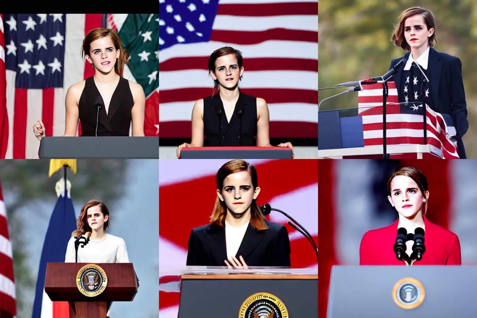 Prompt: Photo of Emma Watson as the President of the USA making a speech in front of the USA flag