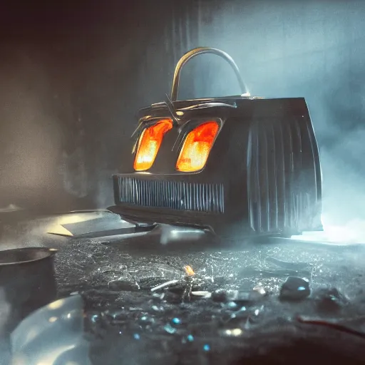 Image similar to toaster oven mecha head, dark messy smoke - filled cluttered workshop, dark, dramatic lighting, orange tint, sparks, cinematic, highly detailed, sci - fi, futuristic, movie still