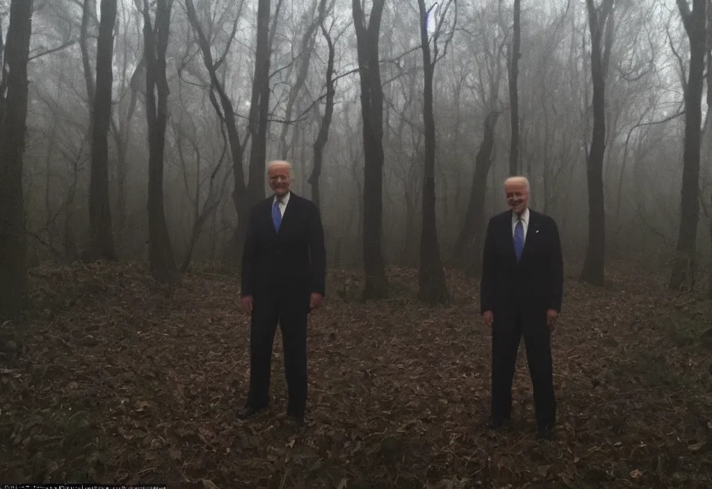 Prompt: low quality iphone photo of joe biden standing ominously deep in the foggy woods with a demonic smile in his face, low visibility creepy, grainy, trail cam footage