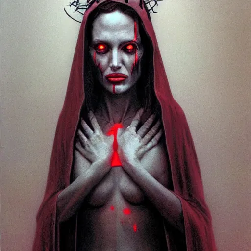 Image similar to portrait of Angelina Jolie with red glowing eyes in hood and crown of thorns, dark fantasy, Warhammer, artstation painted by Zdislav Beksinski and Wayne Barlowe