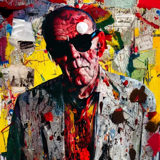 Image similar to hyperrealistic, photorealistic, mixed media oil painting of hunter s thompson, magazine scraps, plaster, blood, oil, mustard, splatter, greg rutkowski, basquiat, ralph steadman, wesley kimler, terry gilliam, andy warhol