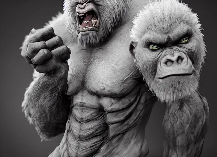 Image similar to extremely scary angry old tough rough looking albino warrior gorilla. scars, scary, gruffness, interesting 3 d character concept by square enix, in the style of league of legends, hyper detailed, cinematic, final fantasy, character concept, ray tracing, fur details, maya, c 4 d, artstation