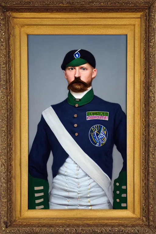 Image similar to portrait minnesota timberwolves military, full battle ready, 1 8 8 9, in full military garb, midnight blue, aurora green, lake blue, moonlight grey, oil on canvas by william sidney mount, trending on artstation