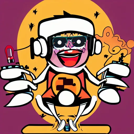 Image similar to svg vector sticker of absolutely insane-mad-scientist-villain, rocking out, wearing headphones, huge speakers, dancing, rave, DJ, spinning records, digital art, amazing composition, rule-of-thirds, award-winning, trending on artstation, featured on deviantart