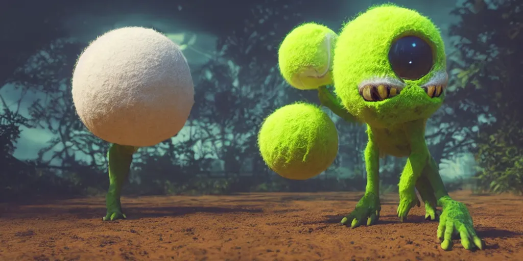 Image similar to a photo of 8 k ultra realistic tennis ball monster, tennis ball monsters, alien exotic, cinematic lighting, trending on artstation, 4 k, hyperrealistic, focused, high details, unreal engine 5, cinematic, alien planet atmosphere in background, 3 d render by basil gogos and beeple