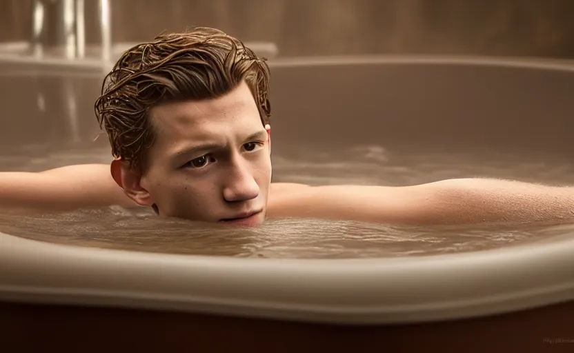 Image similar to photographic portrait by Annie Leibovitz of Tom Holland in a hot tub, foggy, sepia, moody, dream-like, sigma 85mm f/1.4, 15mm, 35mm, 4k, high resolution, 4k, 8k, hd, full color