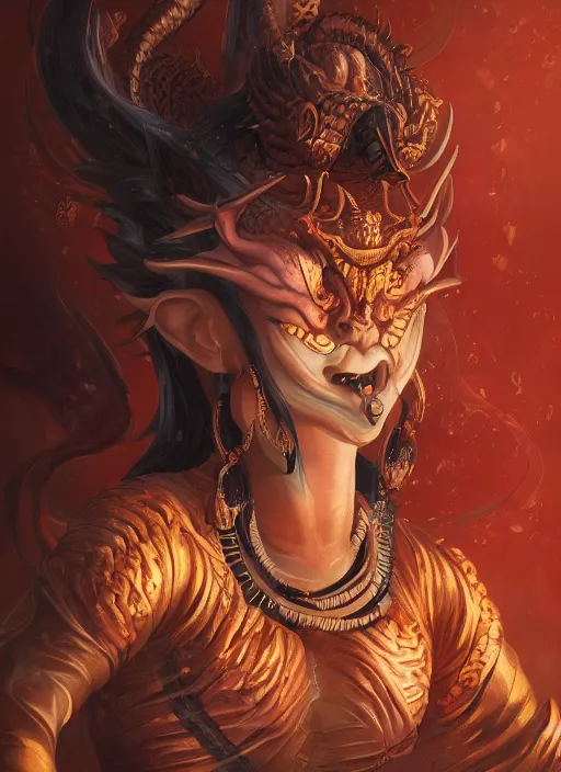 Image similar to a beautiful detailed oil on copper art illustration of a oni hannya mask shogun dragon woman, centered, by charlie bowater, zeng fanzh, trending on artstation, dim dusk lighting, cinematic lighting, detailed lighting, volumetric lighting, realistic, f 8, 4 k hd wallpaper