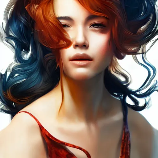 Image similar to Libromancer Fireburst, heroine, beautiful, playful smile, detailed portrait, intricate complexity, in the style of Artgerm, Kazuki Tanahashi, and WLOP, quixel megascan