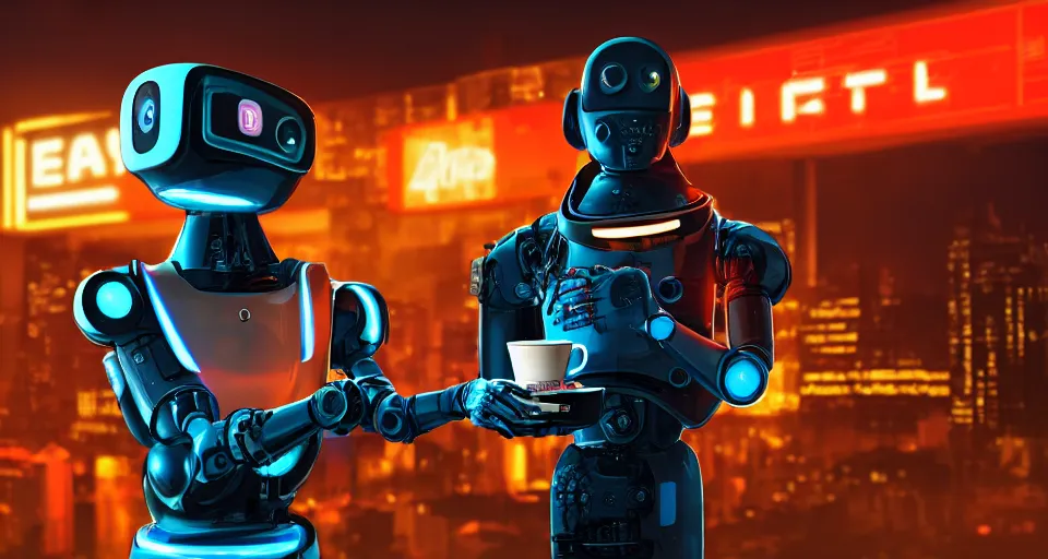 Prompt: a cyberpunk robot holding from a giant cup of coffee, background is a neon cityscape, product shot, cinematic lighting, digital art, h 9 6 0