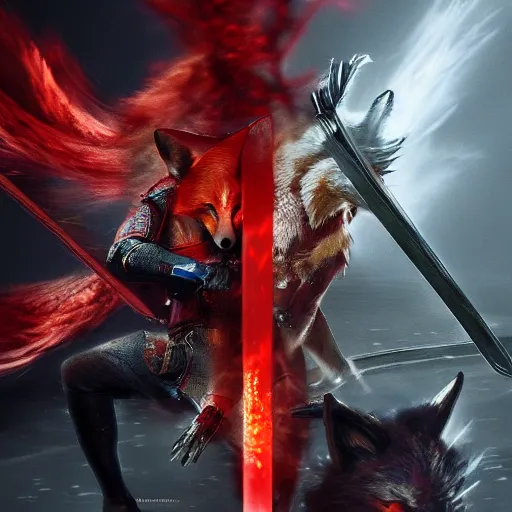 Prompt: Raiden with red sword slicing a anthropomorphic fox in half, blood, realistic, 4k, battle