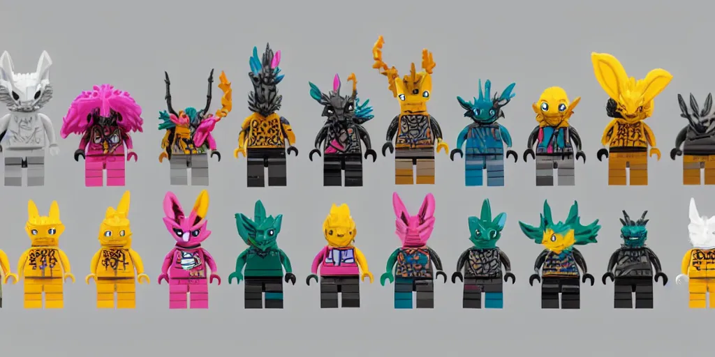 Image similar to small creatures called critters, made out of only 5 lego bricks. cute looking, kawaii, sharp focus, moebius, character sheet, game concept art, brush work