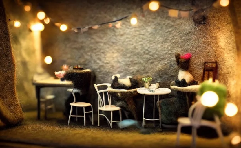 Image similar to mini cafe diorama macro photography, cafe for felted animals, ambient, atmospheric photograph, string lights, romantic