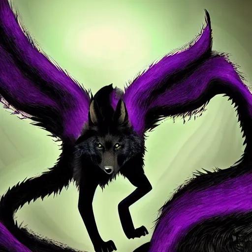 Prompt: feral chimera of a black fox and black dragon, with purple eyes, fantasy forest background, digital art