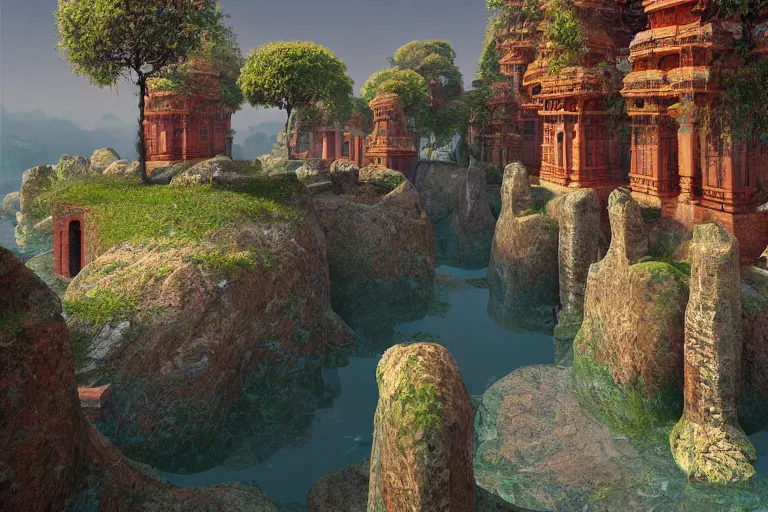 Image similar to photography of a beautiful archipelago of never seen before stunning ancient indian temple and palaces. complex intricate pilars patern, runes. trees water and flowers. afternoon light, inspiring science fiction, intricate, elegant, uplifting, inspirational, unreal engine 5, highly detailed by beksinski