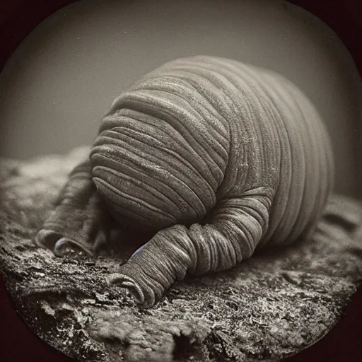 Image similar to tardigrade!!! daguerreotype portrait photograph. inspired by gerard grom and ansel adams. highly detailed. old timey.