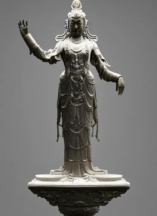 Image similar to a art deco sculpture statue of full body guanyin, intricate complexity,, statue by jane hamilton, ruan jia, character concept, radiant light,, frostbite 3 engine, cryengine, dof, trending on artstation, digital art, fantasy detailed abackground