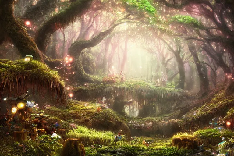 Image similar to fairy kingdom forest, miyazaki, nausicaa, ambient lighting, intricate, hyper detailed, smooth, dynamic volumetric lighting, cinematic, high quality, high resolution, 4 k