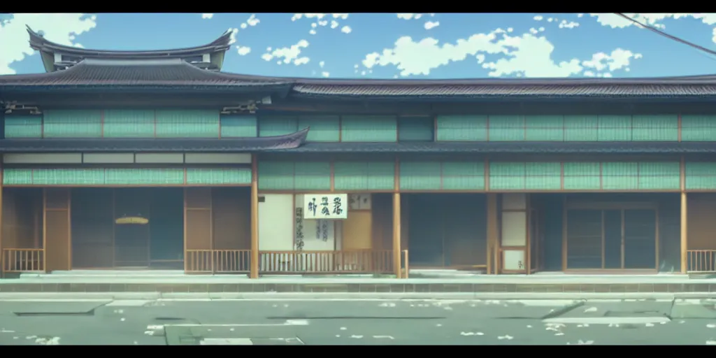 Image similar to close up front view of a japanese building facade with signs on it, a screenshot from the anime film by Makoto Shinkai