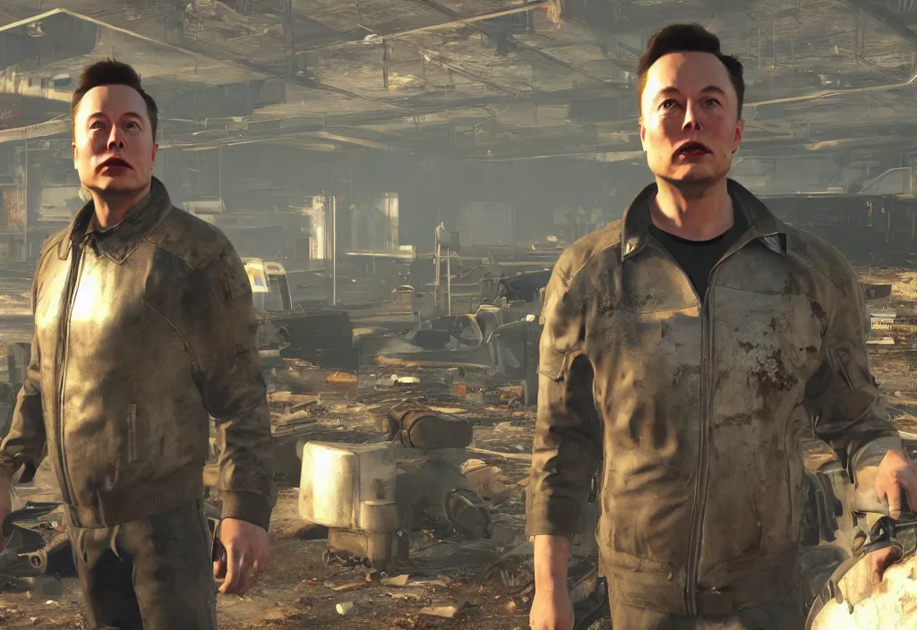 Image similar to elon musk in the video game in fallout 4, apocalyptic wastland, close up, 3 d rendering. unreal engine. amazing likeness. very detailed.