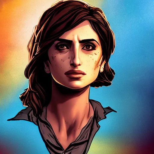 Image similar to penelope cruz portrait, borderlands, tales from the borderlands, the wolf among us, comic, cinematic lighting, studio quality, 8 k