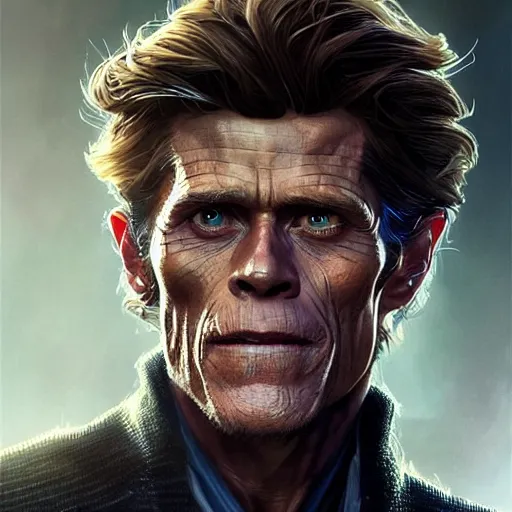 Prompt: handsome Willem Dafoe as Spider-Man, western, D&D, fantasy, intricate, elegant, highly detailed, digital painting, artstation, concept art, matte, sharp focus, illustration, art by Artgerm and Greg Rutkowski and Alphonse Mucha