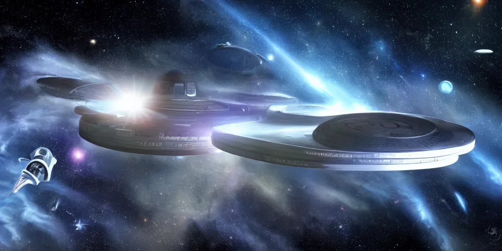 Image similar to scenic view of a Star Trek Enterprise spaceship flying in a starry outer space, realistic epic image