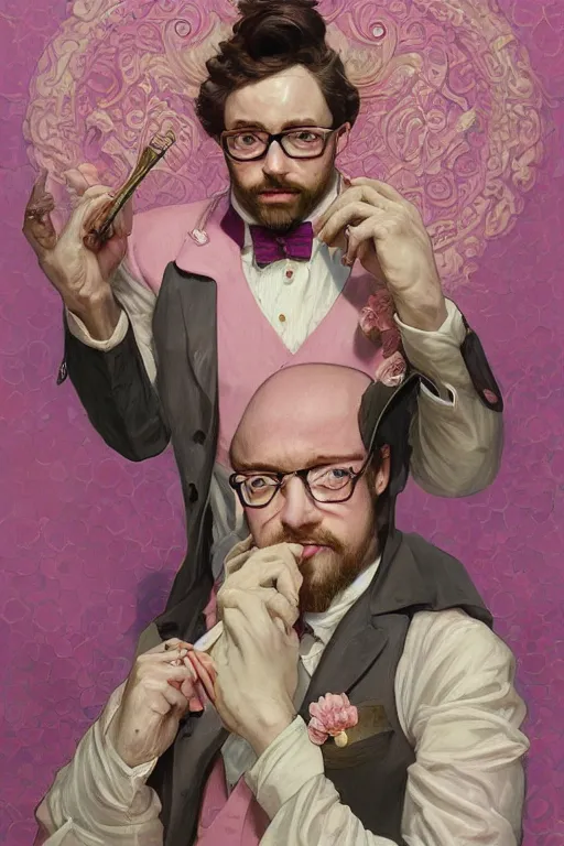 Prompt: Sam Hyde wearing a luxurious pink 3 piece suit, highly detailed, digital painting, artstation, concept art, sharp focus, unreal engine 5, art by  Peter Mohrbacher alex ross and greg rutkowski and alphonse mucha, baroque ornament details, vivid colors, high details, cinematic, 8k resolution, beautiful detailed, photorealistic, digital painting, artstation, concept art, smooth, sharp focus, illustration, fantasy background, artstation trending, octane render, unreal engine