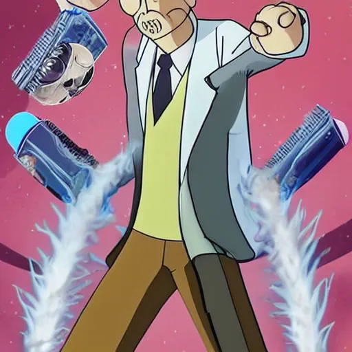 Image similar to Bill Murray playing Rick Sanchez, with spikey grey hair, and wearing a white lab coat, real-life action movie of Rick & Morty announced, poster art