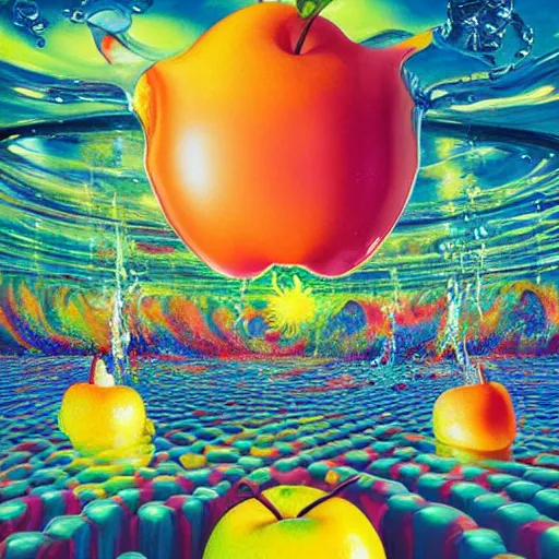 Image similar to jelly rococo gel apples bursting plasma and colorful auras, liquid, drippy, splashing, scifi 3 d paint spray by beeple, rob gonsalves, jeff koons, jacek yerka, m. c. escher