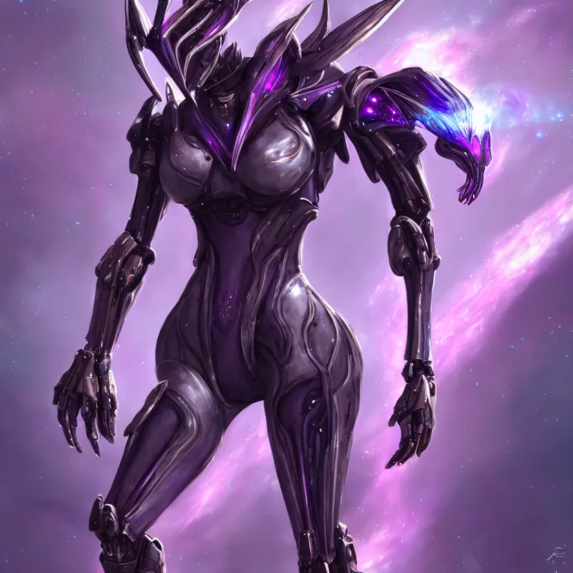 Image similar to cinematic front shot, cosmic sized proportional stunning beautiful hot female warframe, detailed robot mecha female dragon head, metal ears purple eyes, sleek silver armor, fuschia skin, floating in empty space, nebula sized, posing elegantly, epic proportions, epic size, epic scale, furry art, dragon art, giantess art, warframe fanart, furaffinity, deviantart