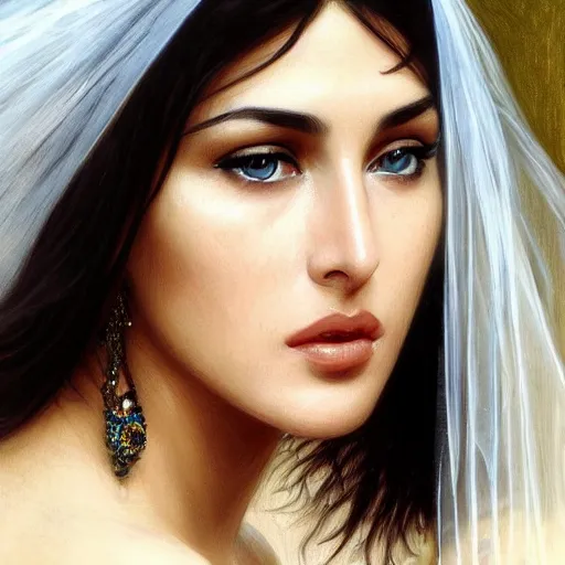 Image similar to Beautiful face Portrait of young arab Monica Bellucci, blue eyes with transparent contact lenses, long wavy black hair, white veil, closeup, focus face, colored, middle eastern, dramatic lighting, intricate, wild, highly detailed, digital painting, artstation, concept art, smooth, sharp focus, illustration, art by artgerm and greg rutkowski and alphonse mucha, footage from space camera