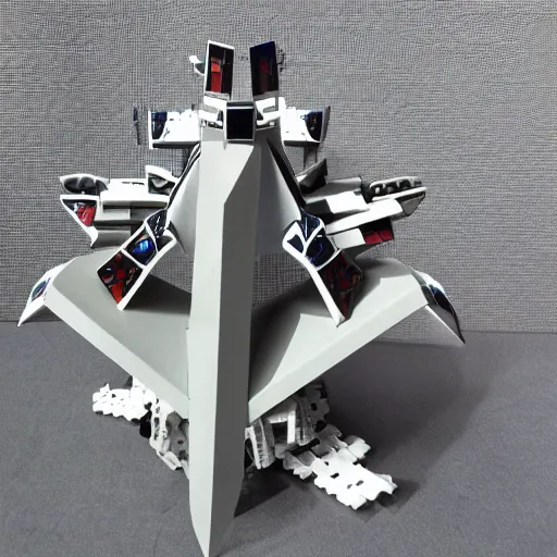 Prompt: photo of minimalist abstract cubist sculpture of curvy deformed spaceship with random small mecha mayan decorations, covered with few large white airplane found parts - w 6 4 0