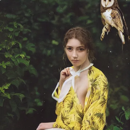 Image similar to head to shoulder portrait Polaroid film photograph of an elegant top model wearing a yellow kimono with a very detailed barn owl on her shoulder!!! in a tropical greenhouse. looking at the camera!!. super resolution. Polaroid 600 film. art by Alessio albi and john william waterhouse.