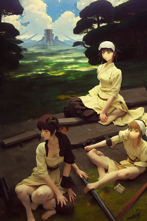 Image similar to baroque oil painting of key visual portrait concept art of anime maids entrenched in the great war, brutalist, dark fantasy, rule of thirds golden ratio, fake detail, trending pixiv fanbox, acrylic palette knife, style of makoto shinkai studio ghibli genshin impact jamie wyeth james gilleard greg rutkowski chiho aoshima